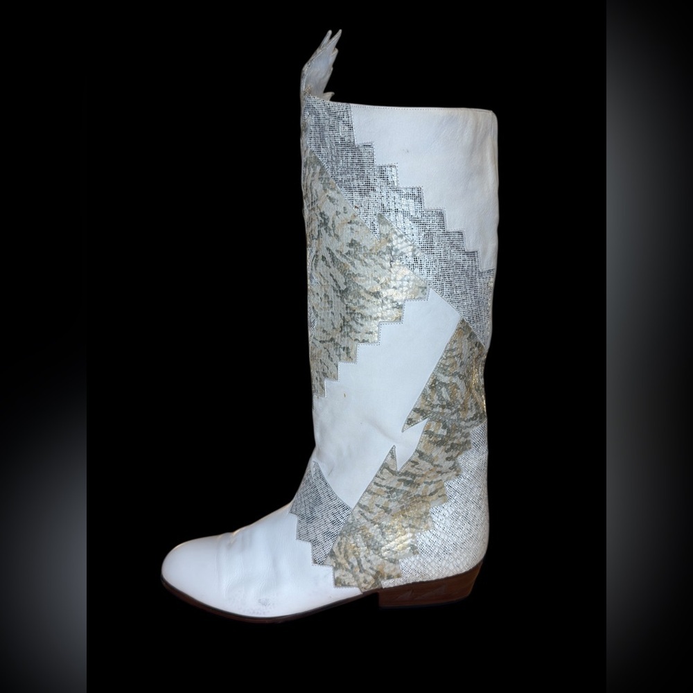 🌟 RARE Vintage Neiman Marcus White Western Tall Leather Boots Metallic sz 37.5 🌟 - Picture 6 of 13